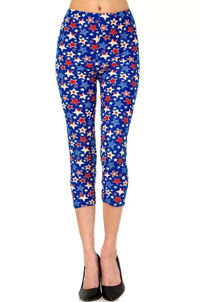 Women's Regular Blue Red Star American Flag Printed Cropped Capri Leggings