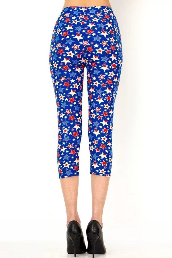 Women's Regular Blue Red Star American Flag Printed Cropped Capri Leggings