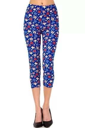 Women's Regular Blue Red Star American Flag Printed Cropped Capri Leggings