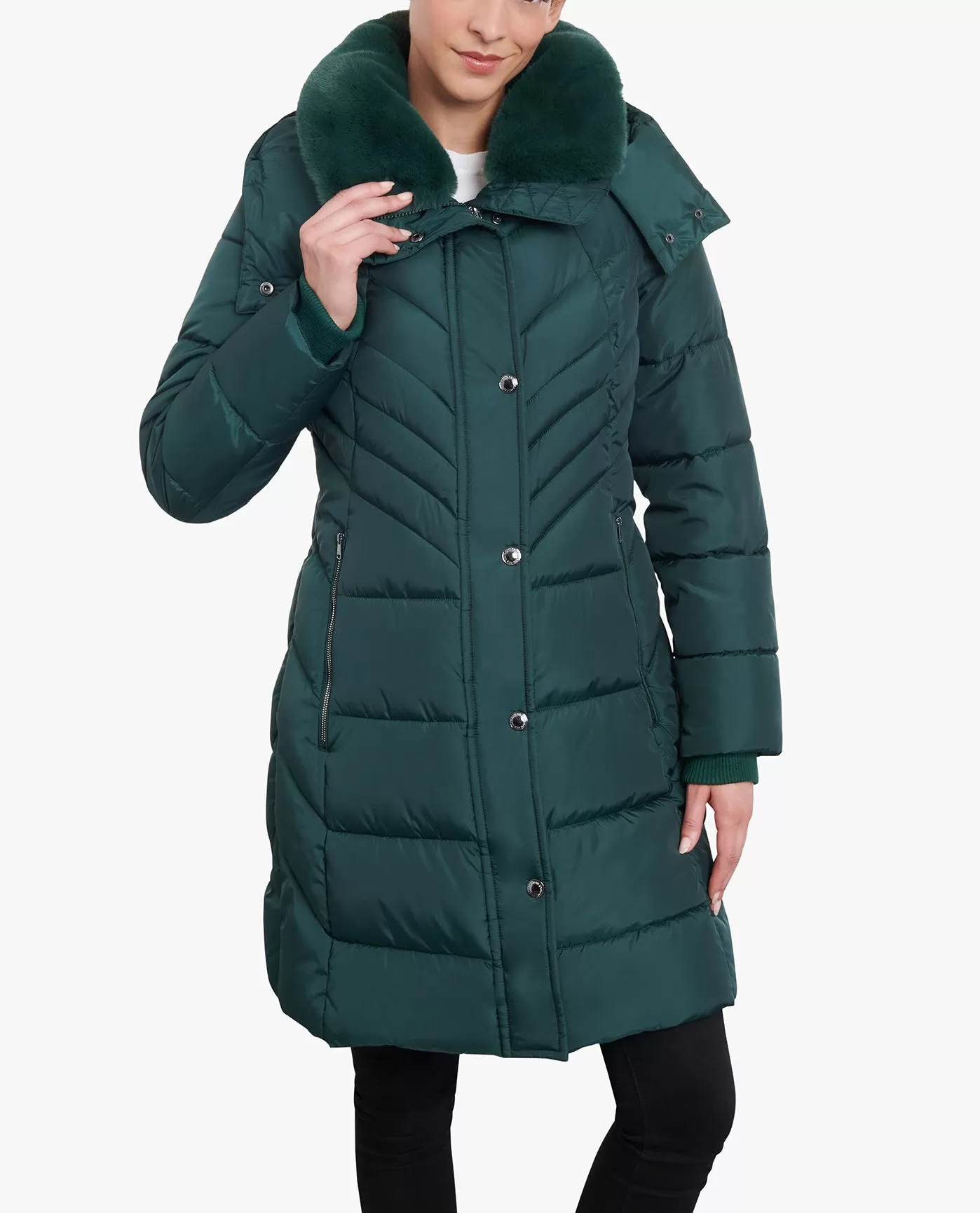 ZIP-FRONT HOODED HEAVY WEIGHT PUFFER JACKET WITH BUTTON-OFF FUR COLLAR